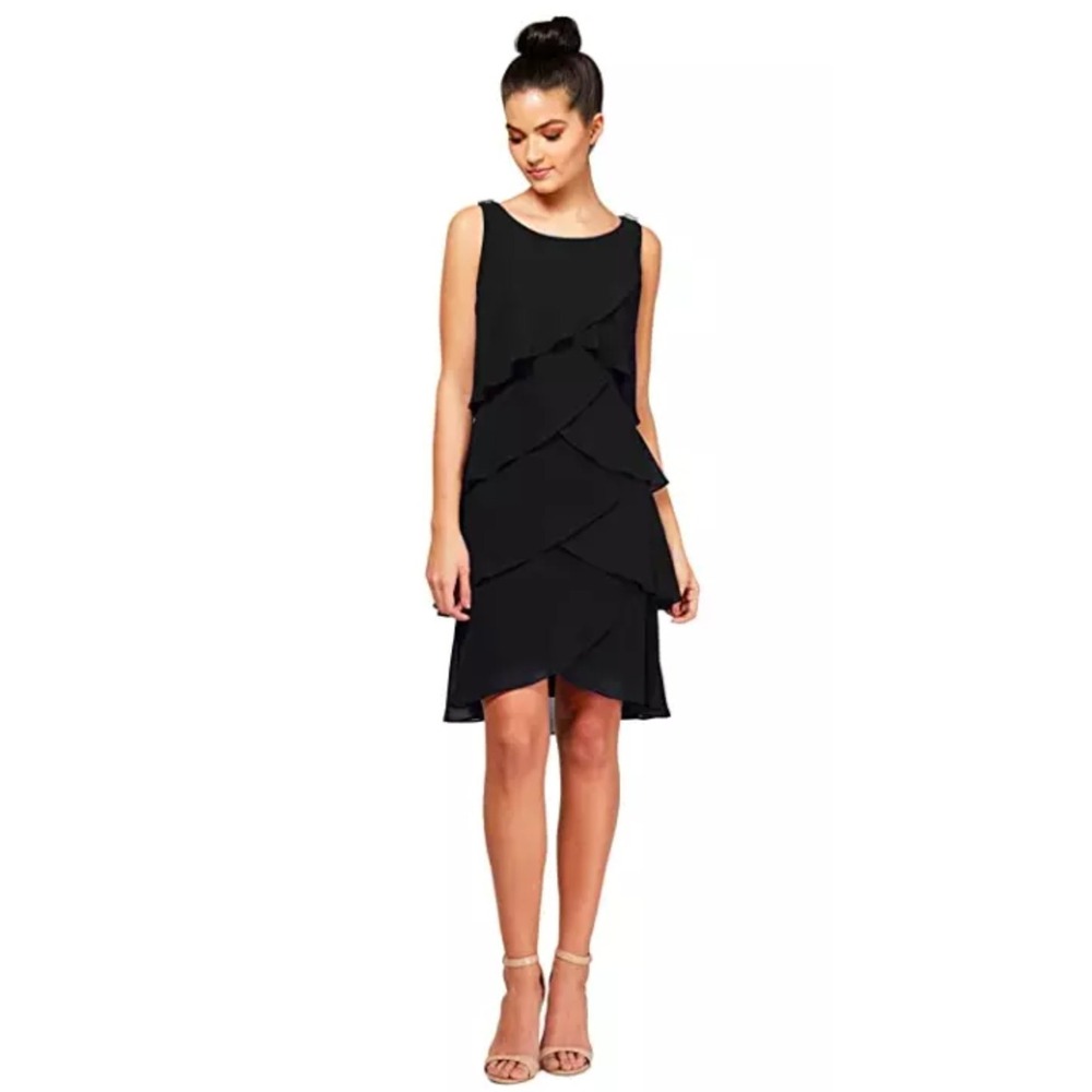 SLNY Scoop Black Layered Chiffon Tiered Formal Dress‎ 10 Graduation Cocktail